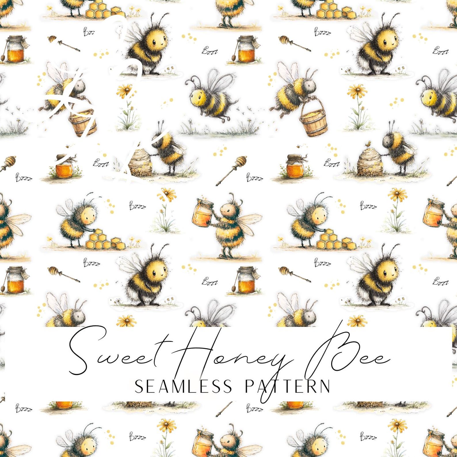 Cute Bee Seamless Pattern PNG | Bumble Bee Digital Paper | Honey Bee ...