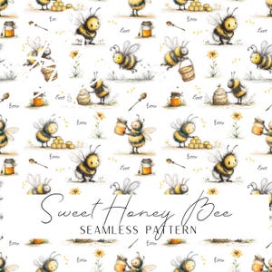 Puede incluir: Patrón sin costuras con ilustraciones en acuarela de abejas, tarros de miel, panales y flores sobre un fondo blanco. El texto "Sweet Honey Bee" y "Seamless Pattern" se muestra en una fuente de escritura.
