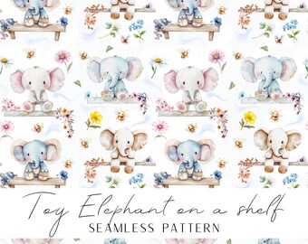 Cute Toy Elephant on a shelf seamless pattern with flowers and bees in soft pastel colors. Digital download.