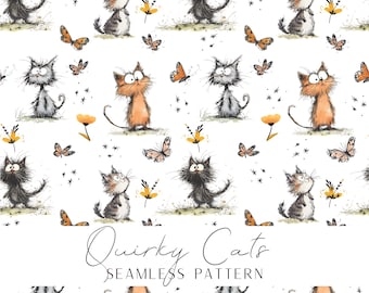 Quirky cats seamless pattern for printing and crafting POD instant download for making gifts to cat lovers, high resolution image.