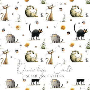 May include: Seamless pattern featuring whimsical cat illustrations in various poses and colors, including brown, gray, and black cats. The design includes paw prints, dandelions, and sunflowers, with the text "Quirky Cats" at the bottom.