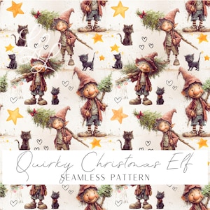 Könnte beinhalten: Ein nahtloses Muster mit einer wiederkehrenden Illustration eines Elfen mit spitzem Hut, der einen kleinen Tannenbaum trägt, begleitet von einer schwarzen Katze, gelben Sternen und kleinen Herzumrissen. Der Text lautet Quirky Christmas Elf.