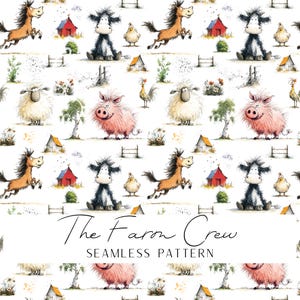 以下が含まれることがあります： 馬、牛、鶏、羊、豚などの農場の動物の水彩イラストを特徴とするシームレスパターン。デザインには、小さな赤い納屋、木、白い背景に「The Farm Crew SEAMLESS PATTERN」というテキストが含まれています。
