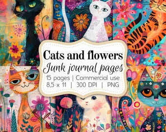 Colorful cats, junk journal pages, digital paper set, scrapbooking, 8,5 x 11, instant digigal download. posters, postcards