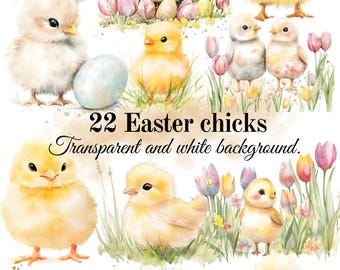 Easter, chicks, clipart, PNG bundle, watercolor style illustration, scrapbooking, cardmaking, digital download, sublimation, commercial use.