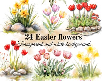 Easter flower clipart PNG bundle watercolor style illustration scrapbooking and cardmaking digital download, sublimation, commercial use.
