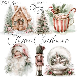 Conjunto clássico de Natal em aquarela com um toque festivo, para scrapbooking, confecção de cartões e decoração de caixas. Download digital.