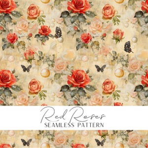 Red Roses Seamless Pattern Vintage Floral Design Bubbles Butterflies Print Retro Fabric Textile Material Botanical background download