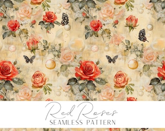 Red Roses Seamless Pattern Vintage Floral Design Bubbles Butterflies Print Retro Fabric Textile Material Botanical background download