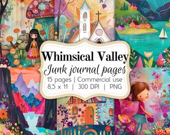 Whimsical Valley, Junk Journal pages, Digital paper set, 8,5 x 11, Commercial use, instant digital download, scrapbooking, postcards