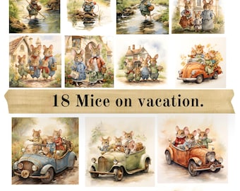 Mice on vacation clipart, PNG, watercolor style illustrations, scrapbooking, cardmaking, digital download, sublimation, commercial use.
