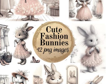 Fashion Bunnies, 12 cute pictures, Clipart for printing, scrapbooking, square image. Soft pink and beige, instant download, paper craft, png