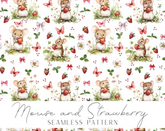 Mouse and Strawberry Seamless pattern for printing and crafting POD instant download for making gifts to loved ones, high resolution image.