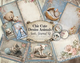 Chic Cute Denim Animal Junk Journal Kit for journaling, scrapbooking, cardmaking and beautiful prints. Nursery wall art and great for gifts.