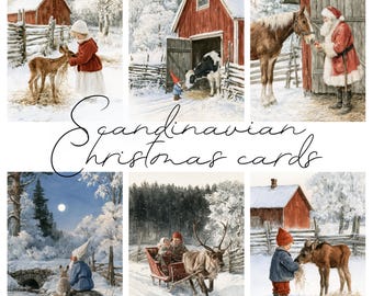 Scandinavian Christmas Cards, winter motif, Vintage Watercolor style. 16 holiday images png