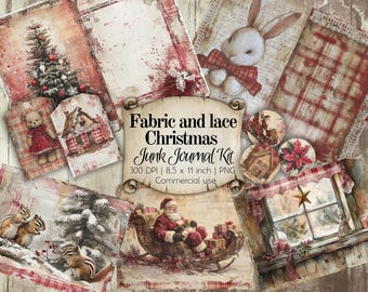 Fabric and Lace Christmas Junk Journal kit. Single and double pages and a sheet of ephemera for your upcoming christmas season diy's.