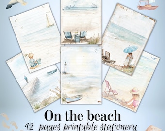 Beach illustration printable letter papers stationery A 4 size instant download, PDF , journaling pages. Lined paper, Notepaper