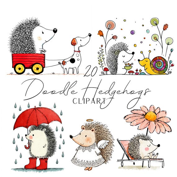 Doodle Hedgehog Clipart Bundle | Cute Hedgehog Illustrations | Whimsical Woodland Animals | Nursery Art | Digital Download