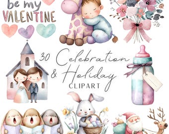 30 Celebration and holiday clipart watercolor style for cardmaking scrapbooking journaling stickers and more, white and transp background.