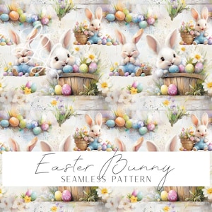 May include: Seamless Easter-themed pattern featuring white bunnies, colorful Easter eggs, and floral arrangements. The bunnies are depicted in various poses, some holding baskets of eggs. The text "Easter Bunny Seamless Pattern" is displayed.