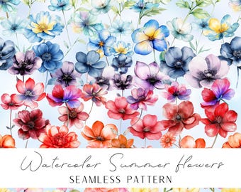 Seamless Summerflowers watercolor pattern, bright colors to cheer you up. High-quality file 300 dpi, both white and transparent background.