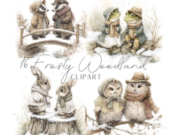 Frosty woodland clipart 16 images with forest animals in vintage clothes in winter landscape Digital download PNG