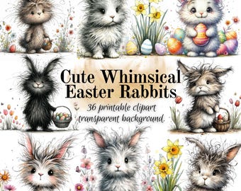 36 Cute Whimsical Easter Rabbits, easter clipart, Digital download, PNG, Transparent background, scrapbooking, decorating, Cardmaking,