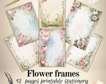 Flower frame letter papers, printable stationery, a 4 size, PDF instant download, PNG, journaling pages, Lined paper, Diary, Notepaper,