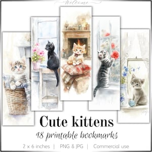 Puede incluir: Conjunto de 18 marcapáginas imprimibles con adorables gatitos en varias poses. Los marcapáginas miden 5,1 cm por 15,2 cm y están disponibles en formatos PNG y JPG. Los marcapáginas son perfectos para los amantes de los gatos y los ratones de biblioteca.