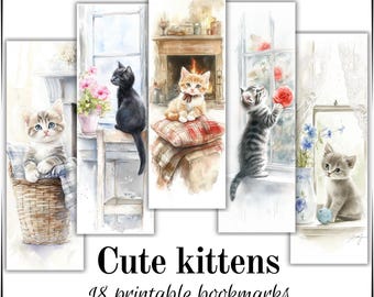 18 kittens printable bookmarks, watercolor style illustrations, digital download, paper craft, commercial use, high quality, PNG and JPG