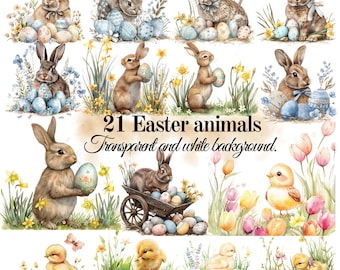 Easter, chicks, clipart, rabbit, lamb, eggs, PNG, watercolor style, scrapbooking, cardmaking, digital download, sublimation, commercial use.