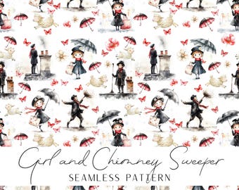 Seamless pattern of a girl with an umbrella and a chimney sweeper, Classic movie theme inspired pattern, black and red colors, PNG file