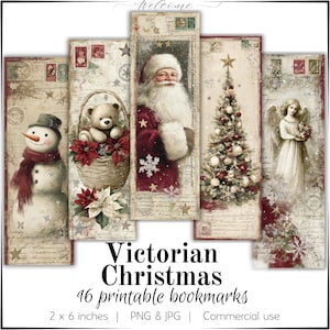 Può includere: Set di 16 segnalibri stampabili di Natale vittoriano, ciascuno di 5 x 15 cm. I disegni presentano un pupazzo di neve, un orsacchiotto, Babbo Natale, un albero di Natale e un angelo, tutti in stile vintage. Il testo "Victorian Christmas" è visibile.