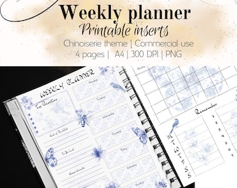 Weekly planner with Chinoiserie theme, Weekly agenda, Refill for Filofax or planner, undated pages, Beautiful layout for your planner.