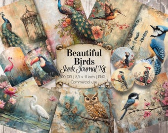 Beautiful Birds Junk Journal Kit. Whole pages and double pages with tags and circles. Scrapbooking or just printing beautiful images.