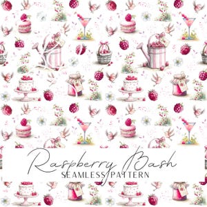 Puede incluir: Un patrón sin costuras con un diseño de acuarela de frambuesas, pasteles, macarons, cócteles y pájaros. El texto "Raspberry Bash" y "Seamless Pattern" se muestra en la parte inferior. La paleta de colores incluye rosa, blanco y verde.