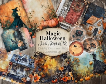 Magic Halloween Junk Journal Ephemera Kit. Double foldable pages, single whole pages, tags, and round decor. Downloadable papers PNG format.