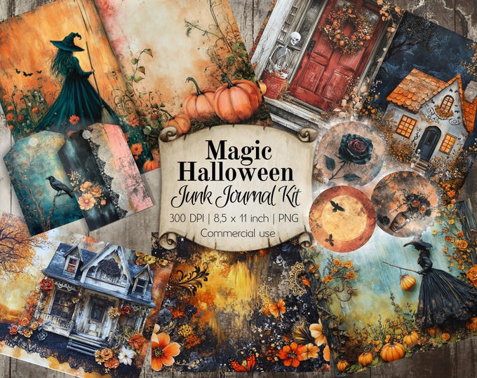 Featured listing image: Magic Halloween Junk Journal Ephemera Kit. Double foldable pages, single whole pages, tags, and round decor. Downloadable papers PNG format.