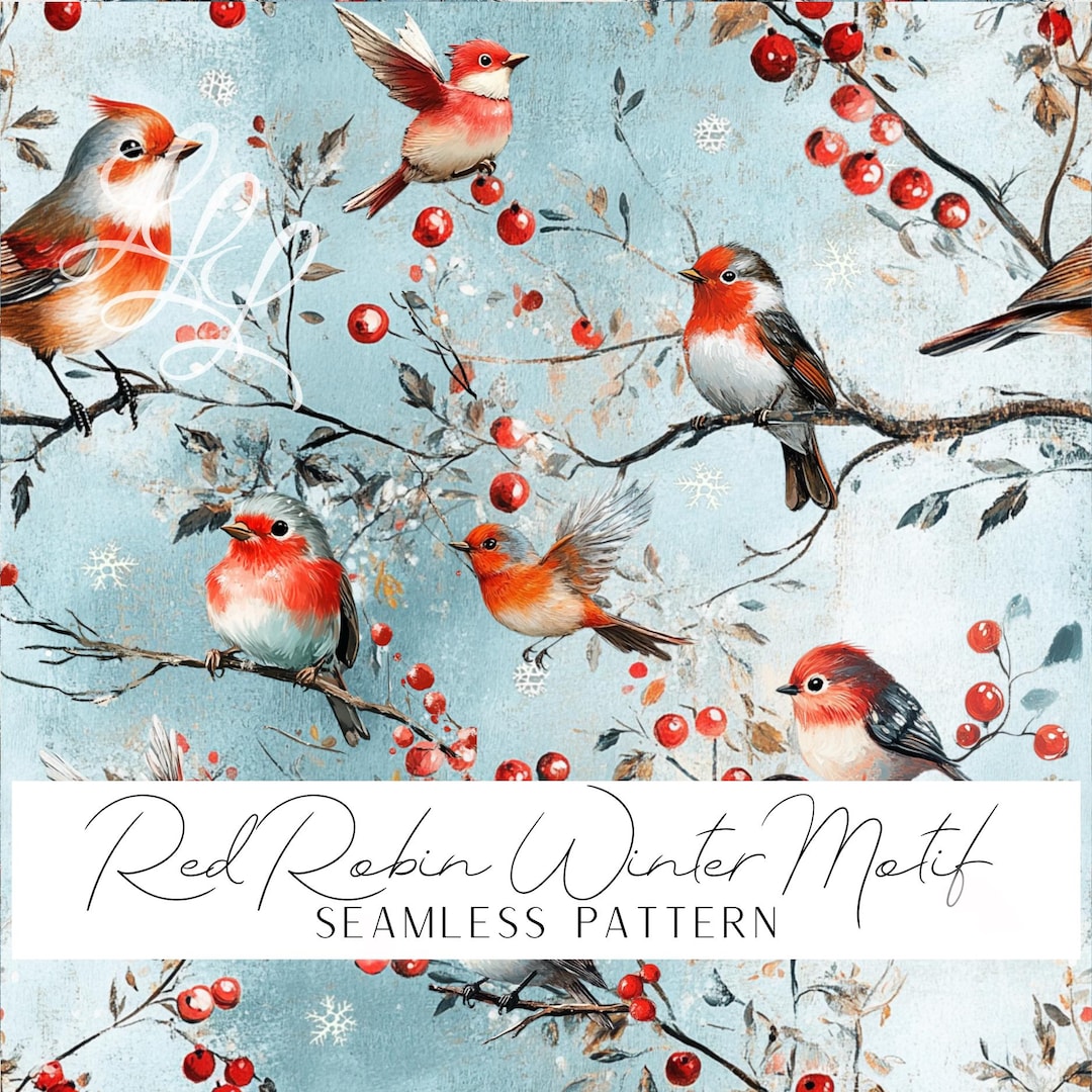 Red Robin Bird Winter Motif Seamless Pattern Print Fabric Textile Decor ...