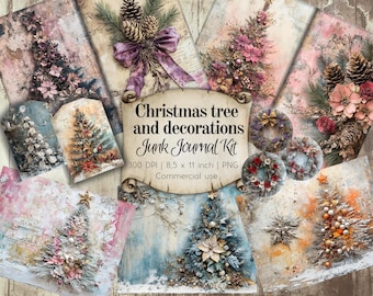 Christmas Tree Junk Journal Ephemera Kit: Double-foldable pages, single whole pages, tags, and round decor. Downloadable papers PNG format.