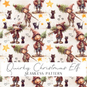 Könnte beinhalten: Nahtloses Muster mit skurrilen Weihnachtselfen, schwarzen Katzen, Sternen und Herzen. Die Elfen tragen Weihnachtsbäume. Das Muster hat einen Aquarelleffekt und der Text "Quirky Christmas Elf" ist zu sehen.