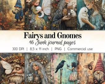 16 Junk Journal pages Fairys and gnomes design for journals printing pages for scrapbooking  making cards hight quality instant download pdf