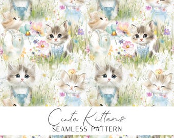 Cute kittens and flowers seamless pattern Print Fabric Textile Decor Children's Room Nursery watercolor digital clipart download diy
