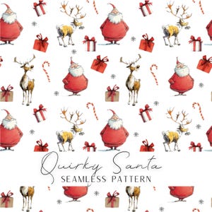 Puede incluir: Un patrón navideño caprichoso con ilustraciones de Papá Noel, renos, regalos, bastones de caramelo y copos de nieve sobre un fondo blanco. El texto "Quirky Santa SEAMLESS PATTERN" está escrito en cursiva.