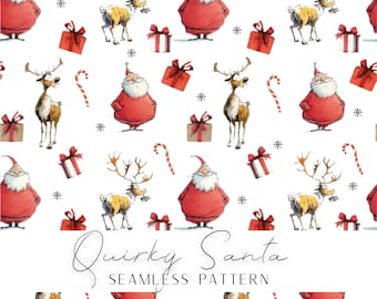 Quirky Santa and reindeer seamless pattern for printing and crafting, instant download for making Christmas gifts, high-resolution image.