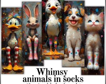 16 Whimsy Animals in socks designs available for printing out bookmarks or pages for scrapbooking cards and more high-quality downloads.
