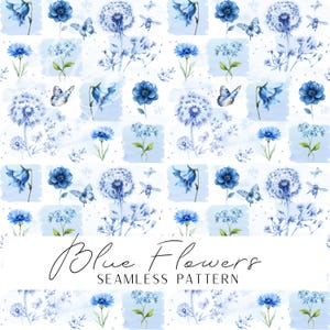 Pode incluir: Um padrão sem costura com ilustrações em aquarela de flores azuis, borboletas e abelhas em um fundo branco. O design inclui dentes-de-leão, sinos e outros elementos florais, com o texto "Blue Flowers SEAMLESS PATTERN".