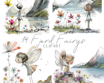 14 Fjord Fairys whimsical magical with colorful flowers cartoon features ink color style clipart wall art cute angel illustration watercolor