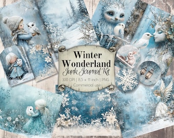 Winter Wonderland Junk Journal Ephemera Kit. Double foldable pages, single whole pages, tags, and round decor. Downloadable papers, PNG .