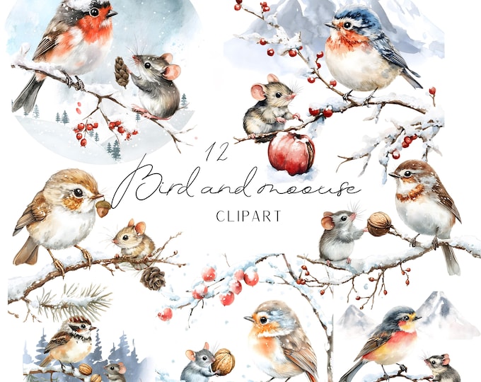 Featured listing image: Bird and mouse watercolor clipart. Winter wonderland and classic vintage feel to the images. Download them for your upcoming projects.